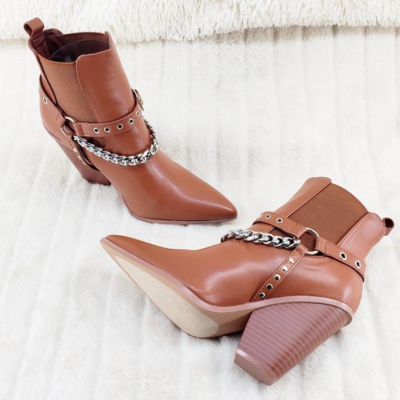 Demitri Tan Western Cowgirl Cowboy Pull On Elastic Panel Ankle Boots - Picture 7 of 11